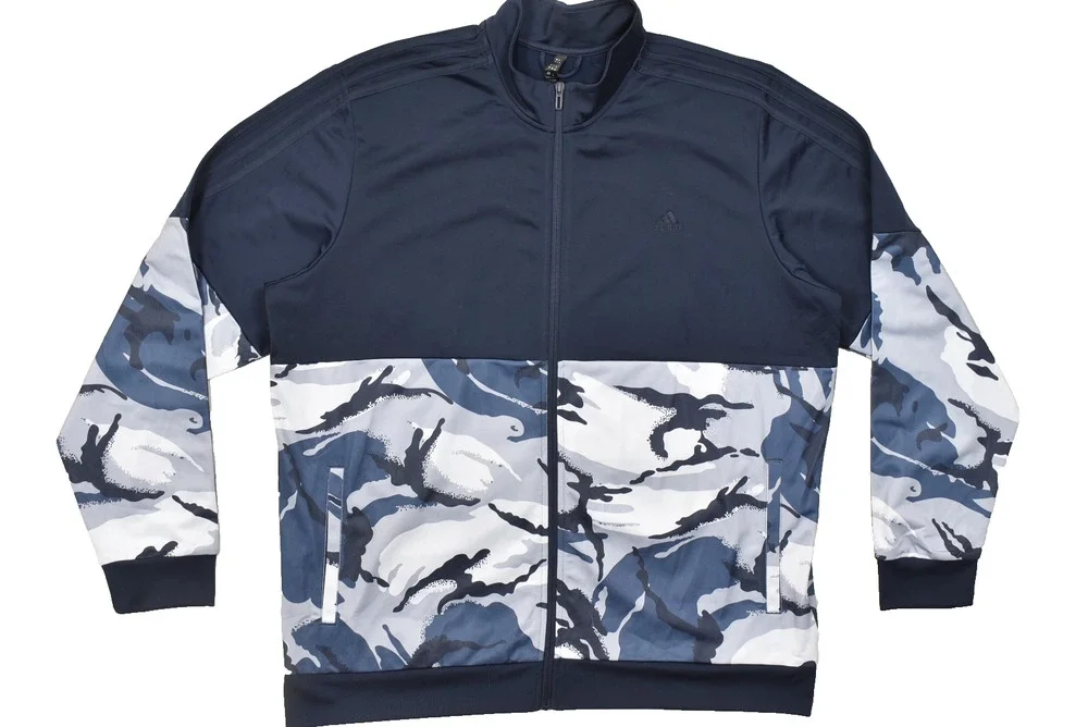 Adidas Mens 2XL Track Jacket Full Zip Blue Camo Colorblock Recycled Polyester Ma